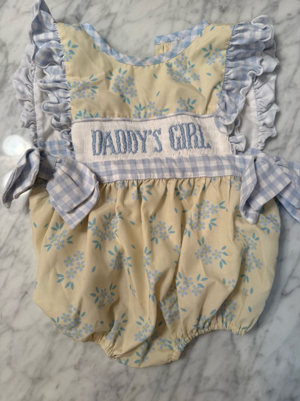 Smocked Daddy’s Girl Bubble Romper Blue Gingham Floral 12M Baby RARE